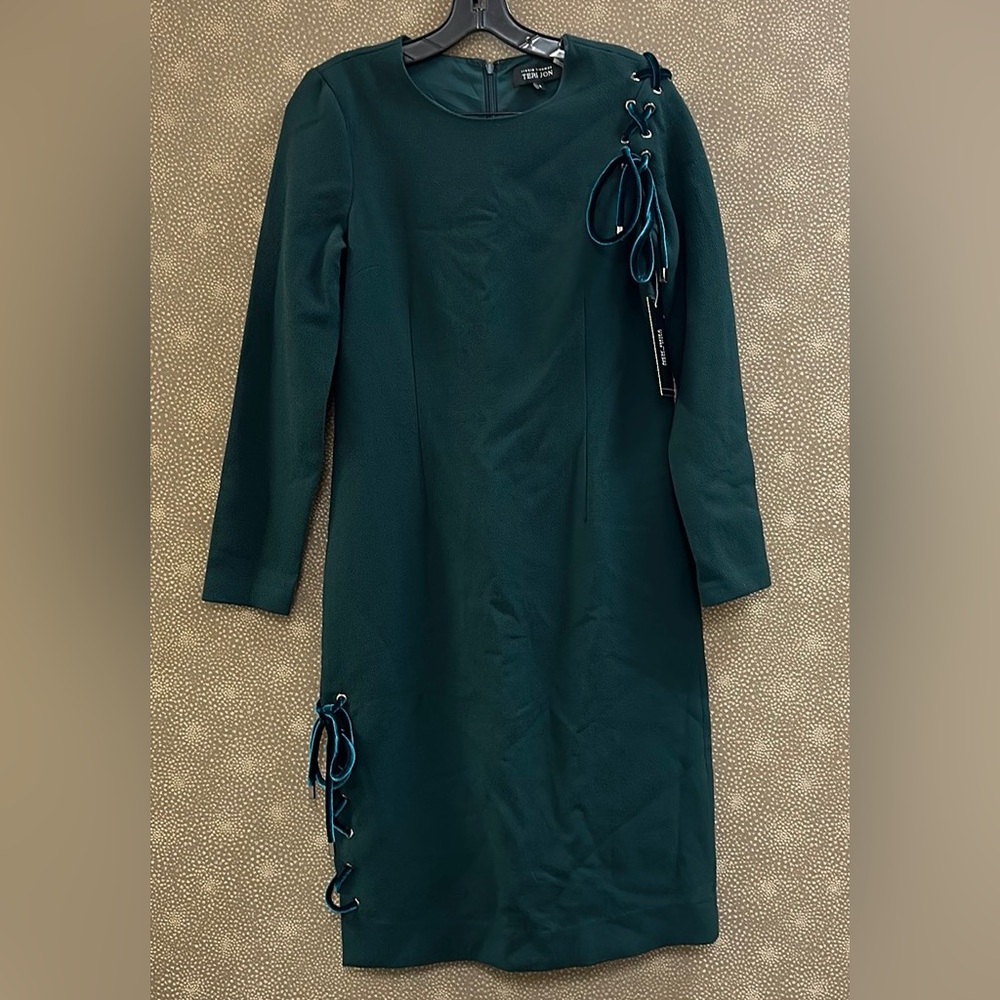 🔥🔥NEW Teri Jon Rickie Freeman Long Sleeve Emerald Green Velvet Tie Wool Dress